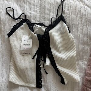Zara White Ribbed Lace Trim Camisole with Black Accents